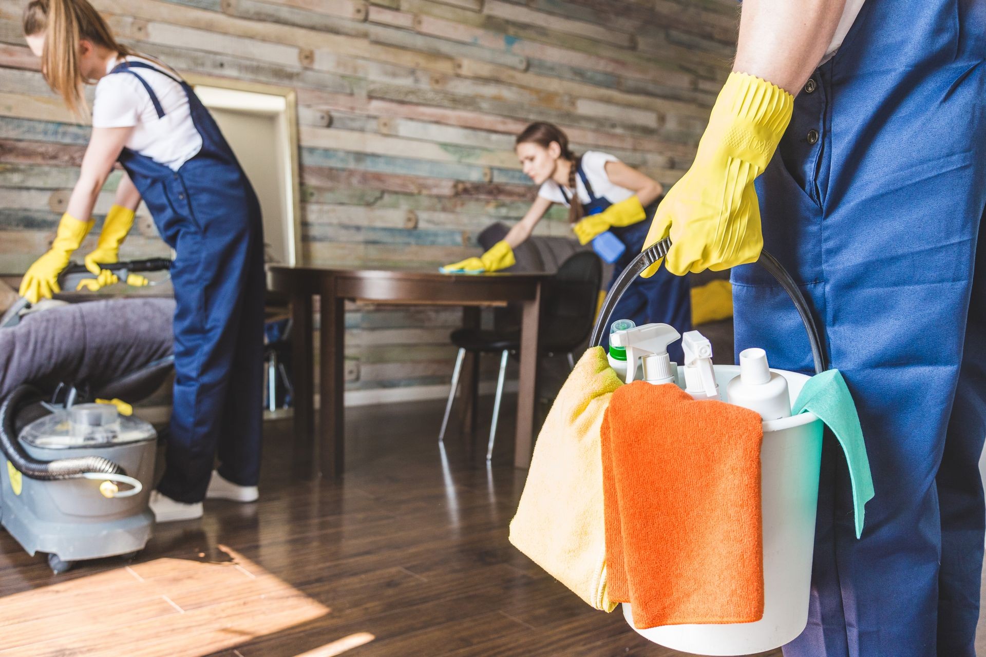 Cleaning service with professional equipment during work. professional kitchenette cleaning, sofa dry cleaning, window and floor washing. man and women in uniform, overalls and rubber gloves, student accommodation cleaning, residents halls cleaning, student house cleaning, student flat cleaning, share house cleaning
